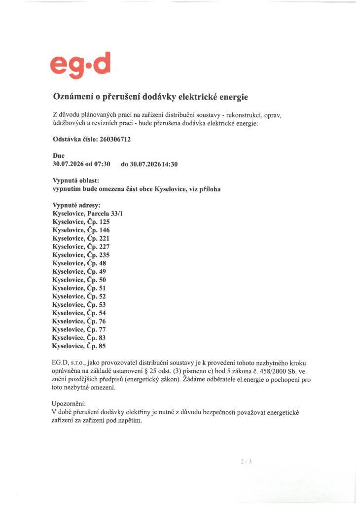 K přerušení dodávky elektrické energie dojde převážně v části jižní návsi až po č.p. 83