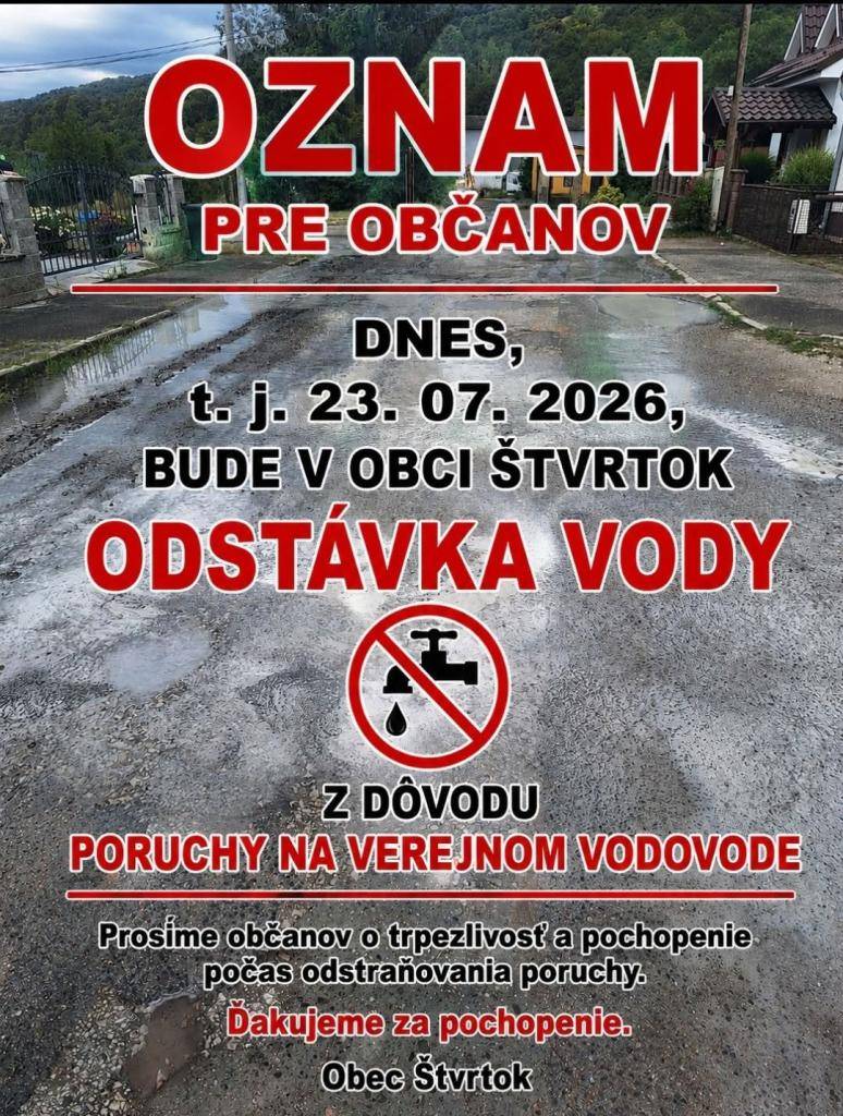 Porucha na vodovode, dňa 23.07.2026 bude odstávka pitnej vody v obci