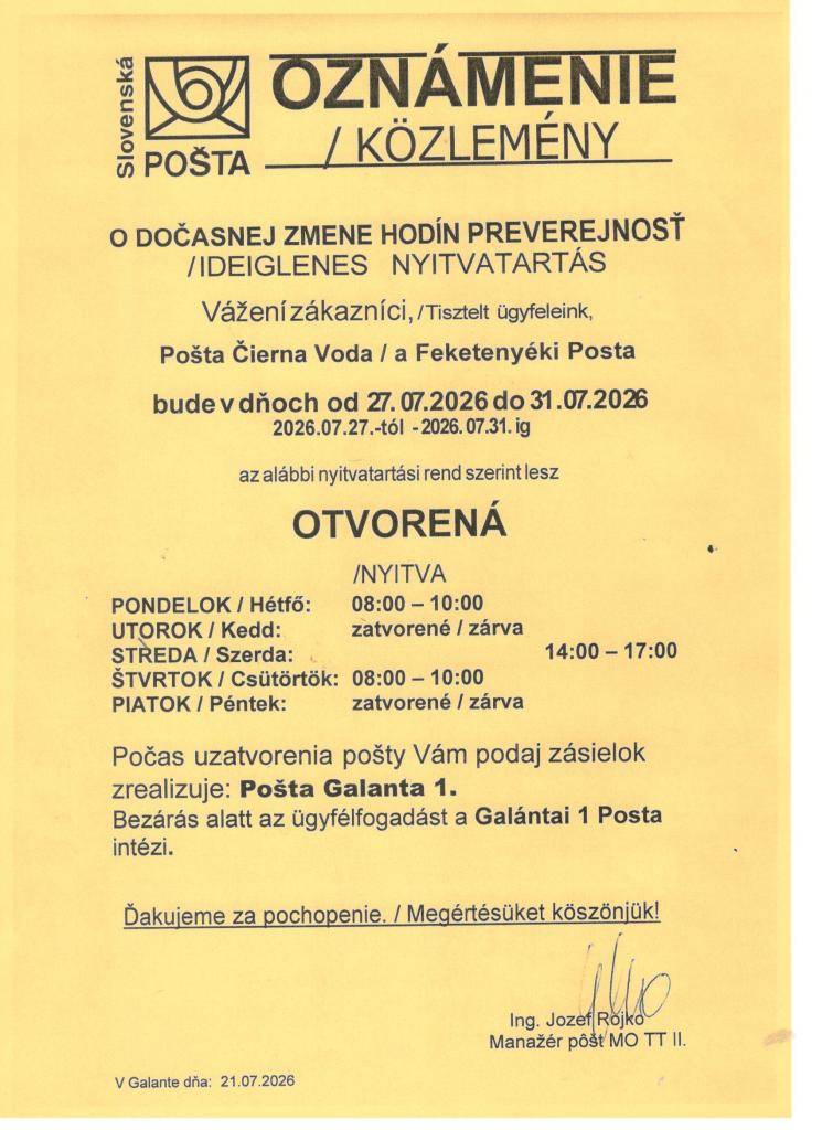 Oznámenie  Értesítés