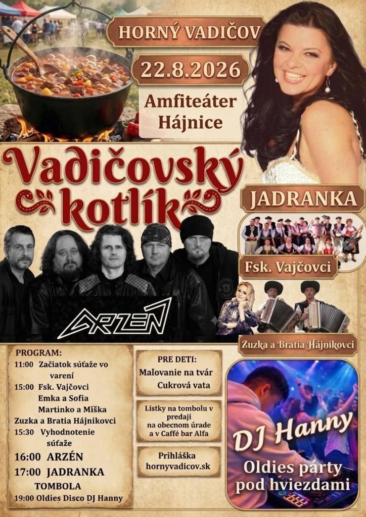 Obec Horný Vadičov Vás srdečne pozýva na Vadičovský kotlík 22.8.2026 v Amfiteátri Hájnice Horný Vadičov.