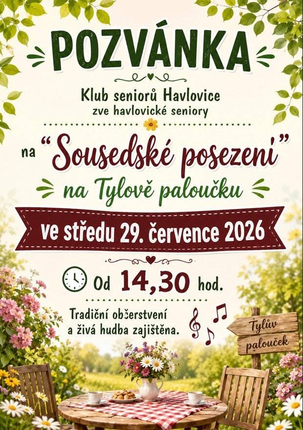 Klub seniorů Havlovice zve na "Sousedské posezení". Více info na plakátku.
