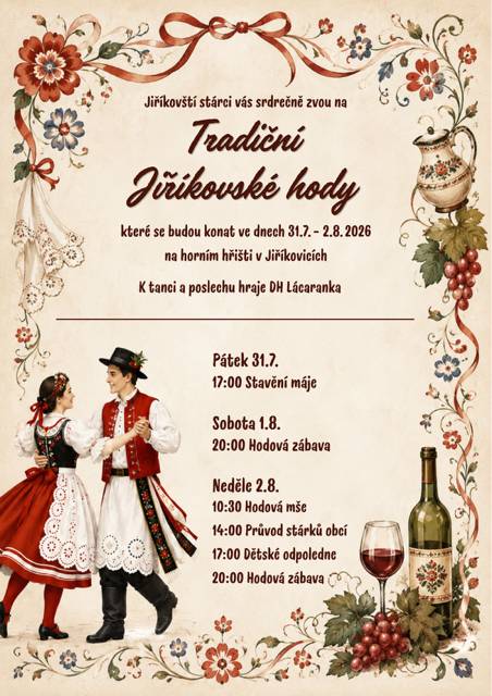 Hody v Jiříkovicích se konají ve dnech 1. a 2.8.2026.