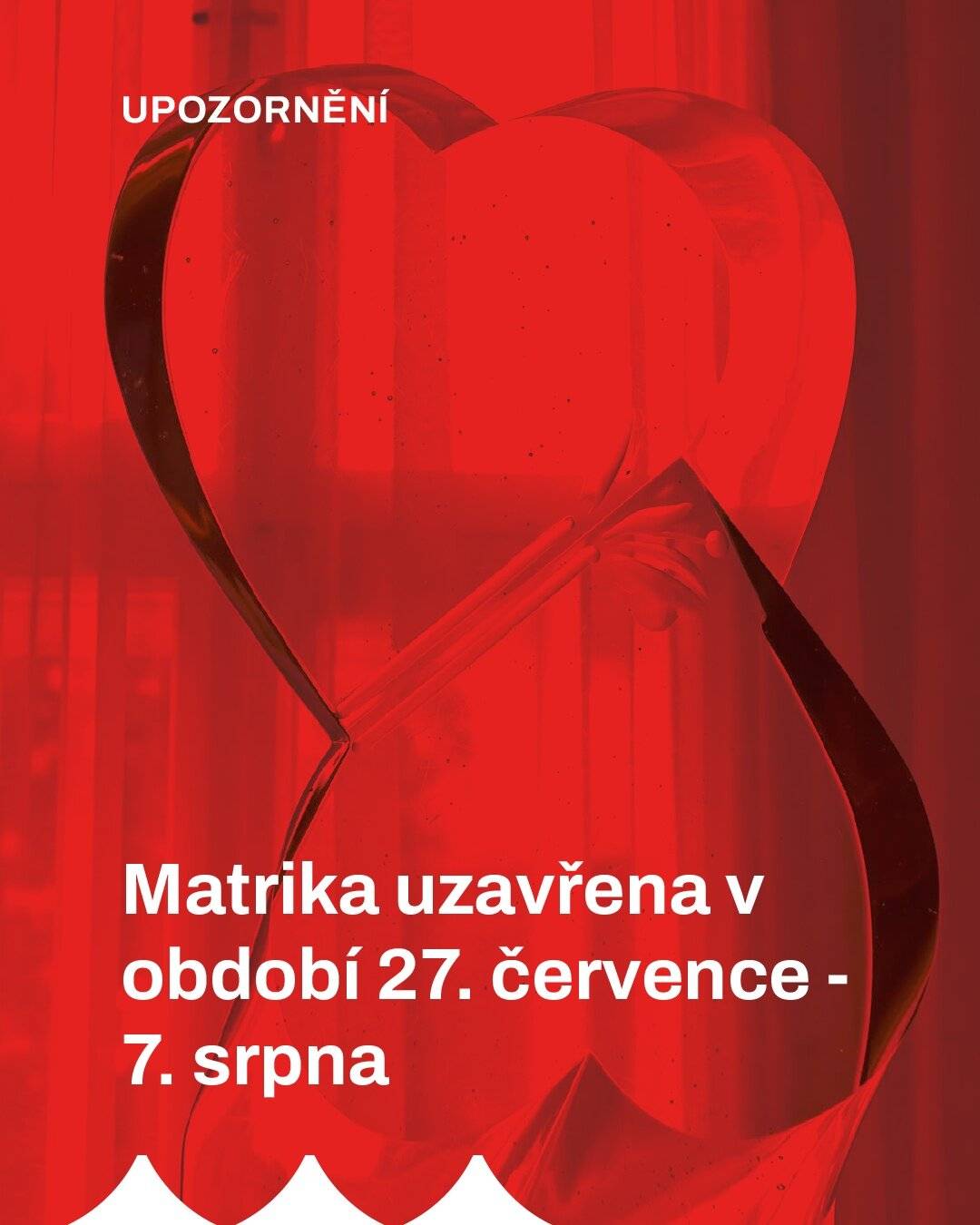Z důvodu dovolených bude uzavřena matrika v termínu 27. července až 7. srpna 2026.Pokud budete mít jakýkoliv dotaz, jak postupovat v čase nepřítomnosti, zda je možné se obrátit na jinou matriku a další, volejte na číslo: +420 374 774 126.   Děkujeme za pochopení.