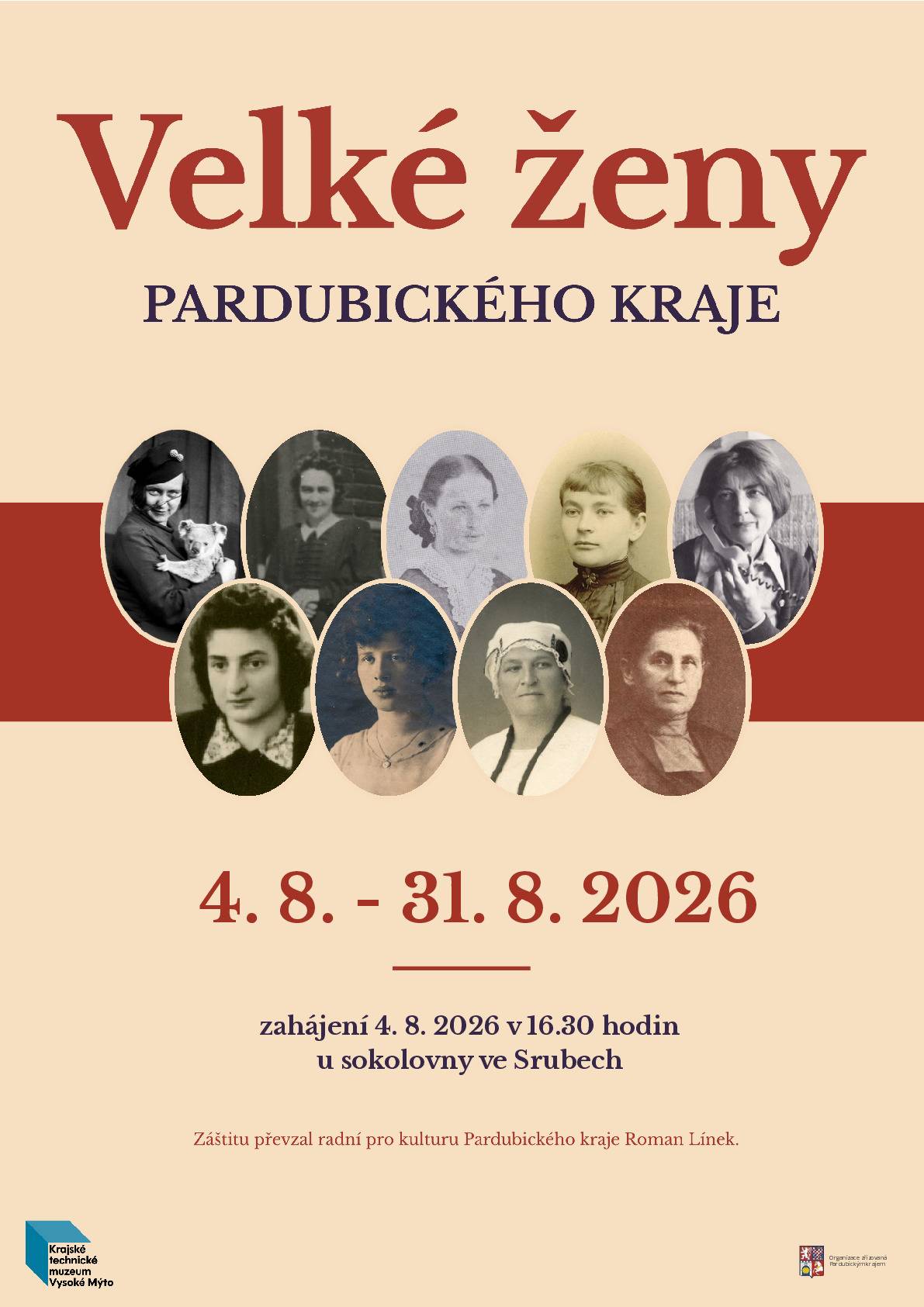 Obec Sruby zve občany na putovní exteriérovou výstavu Velké ženy Pardubického kraje, která vznikla v Krajském technickém muzeu Vysoké Mýto. Dne 4.8.2026 v 16:30 hod. ji u Sokolovny ve Srubech zahájí autorka paní Soňa Tichá a blíže představí některé zajímavé ženy našeho kraje.