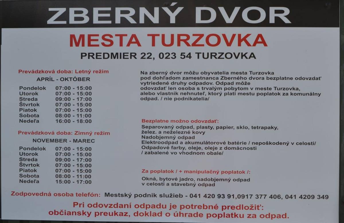 Mesto Turzovka oznamuje, že z dôvodu rekonštrukcie Zberného dvora pri Mestskom podniku služieb sa od zajtra 25. 7. do 4. 8. nebude prijímať stavebný odpad. Ostatné komodity zostávajú naďalej v prevádzke.   Ďakujeme za pochopenie.