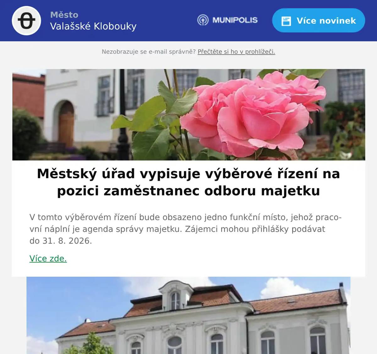 V tomto výběrovém řízení bude obsazeno jedno funkční místo, jehož pracovní náplní je agenda správy majetku. Zájemci mohou přihlášky podávat do 31. 8. 2026. Více zde.