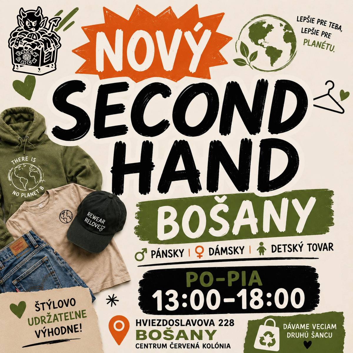 Pozývame Vás navštíviť náš second-hand BackToRack v Bošanoch. Nájdete u nás široký výber oblečenia pre ženy, mužov aj deti za príjemné ceny. Každý deň navyše vykladáme nové kúsky, takže je vždy čo objavovať. Nájdete nás na adrese Hviezdoslavova 228, Bošany – Centrum Červená kolónia. Otvorené máme PO-PIA od 13:00 do 18:00. Príďte sa pozrieť, možno si práve u nás nájdete svoj nový obľúbený kúsok. Tešíme sa na vás!