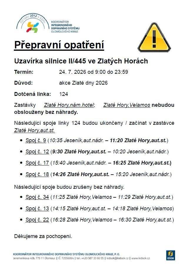 Aktuální informace o změnách autobusové dopravy, objížďkách a možnostech parkování.  Vše přehledně najdete: https://zlatehory.cz/zlate%2Ddny%2D2026/ds-27400/p1=66349   Děkujeme, že budete respektovat dopravní značení a přejeme vám příjemnou návštěvu Zlatých dnů!