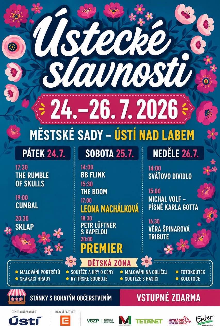 Ústecké slavnosti? To jsou tři dny plné skvělé hudby a zábavy pro malé i velké.  KDY: 24. - 26. 7. 2026 KDE: Městské sady Vstup zdarma Na pódiu se představí The Rumble of Skulls, Leona Machálková, Petr Lüftner s kapelou, Věra Špinarová Tribute a řada dalších interpretů. Děti se mohou těšit na Sváťovo dividlo, skákací hrady, rytířské souboje, malování na obličej, soutěže, fotokoutek, kolotoče a spoustu dalších atrakcí. Nebude chybět ani bohaté občerstvení. Tak co? Vyrazíte na Ústecké slavnosti?