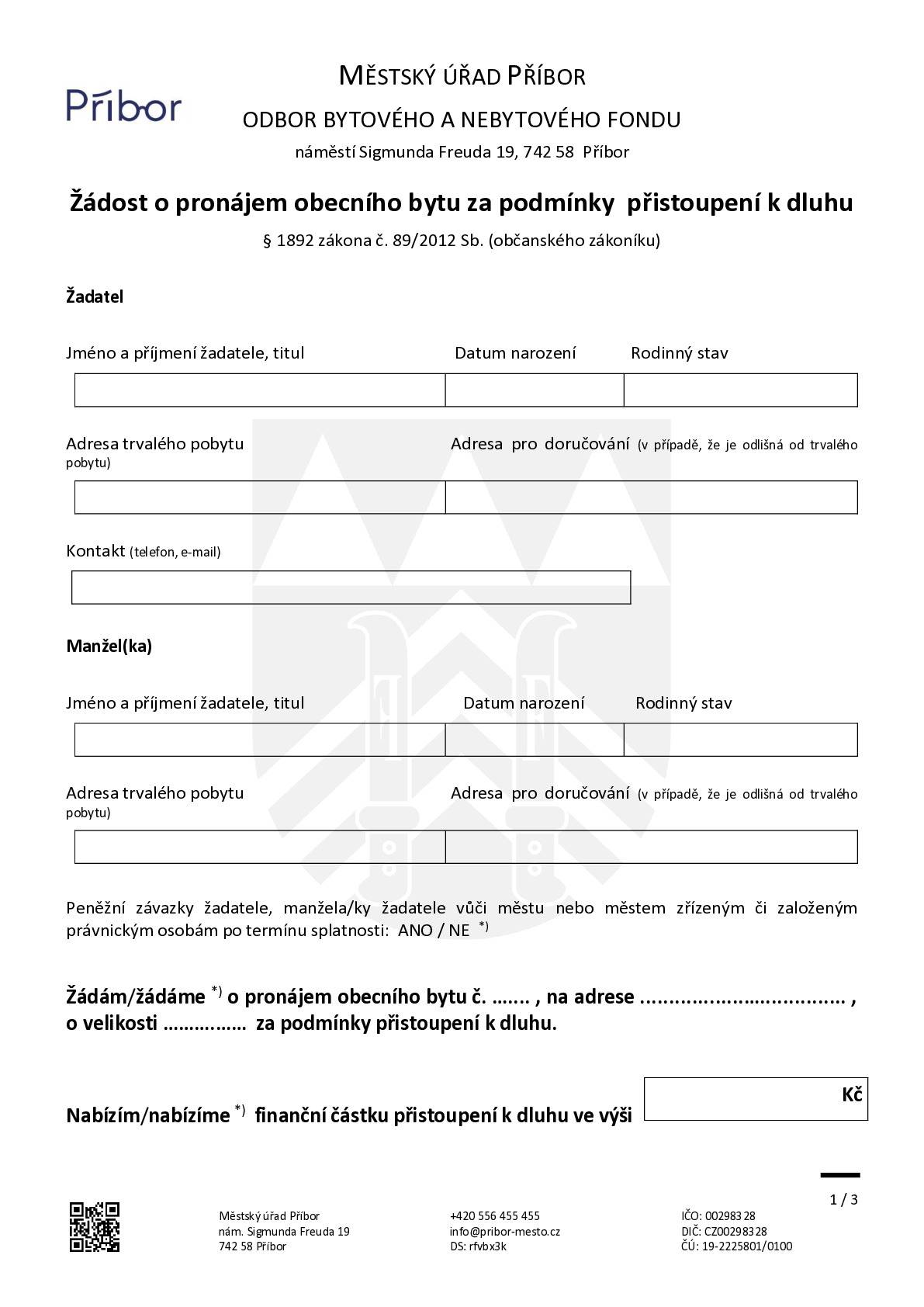 Město Příbor vyzývá zájemce k podání přihlášky na pronájem obecního bytu č. 26 na ul. U Tatry č. p. 1487 v Příboře za podmínky přistoupení k dluhu. Velikost bytu 1+1.