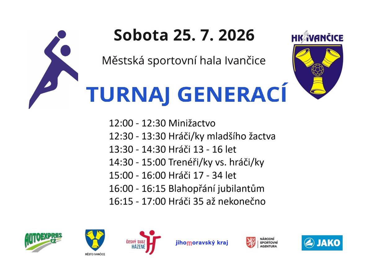 HK Ivančice zve na tradiční prázdninový Turnaj generací, který proběhne v sobotu 25. července 2026 od 12.00 hodin v městské hale. Jste srdečně zváni.