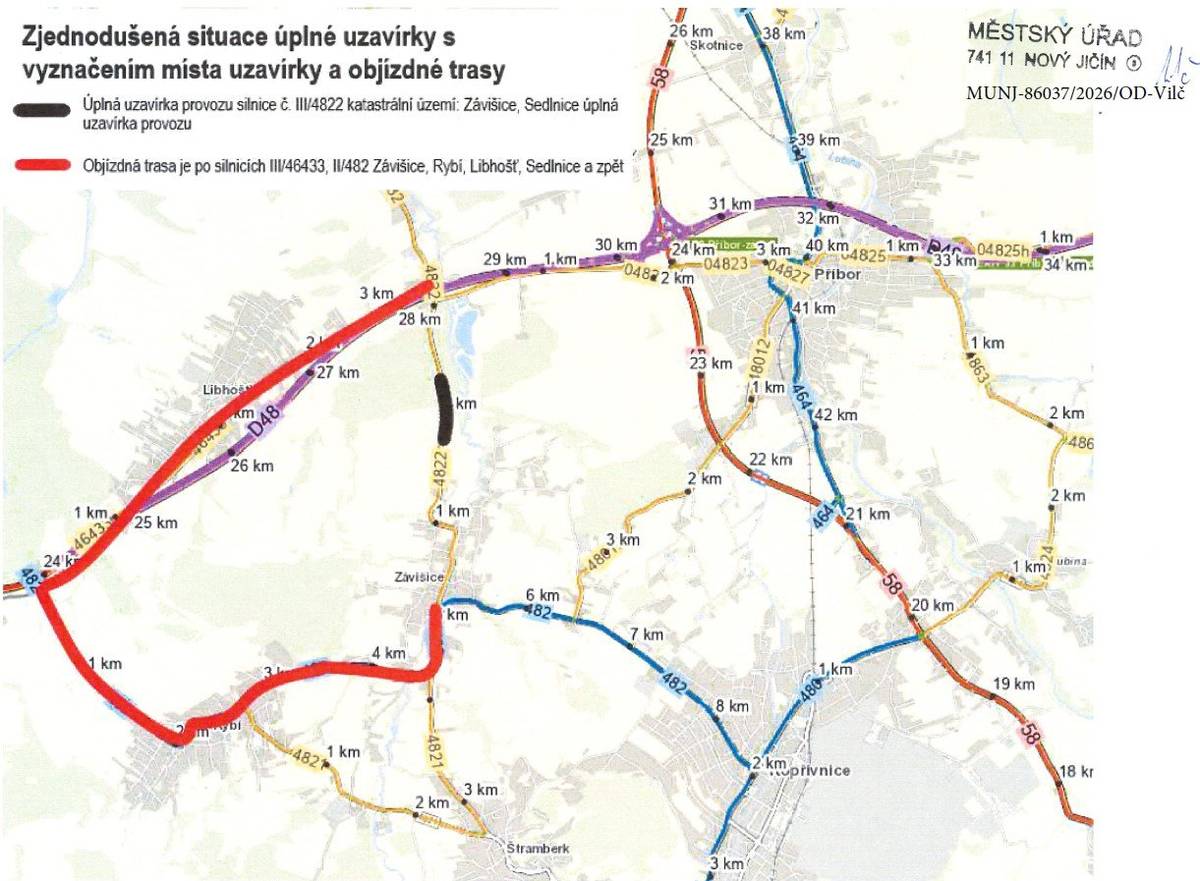 Městský úřad Nový Jičín, odbor dopravy informuje o uzavírce komunikace III/4822 (Závišice - Sedlnice) z důvodu opravy propustku. Termín úplné uzavírky: od 03.08.2026 do 07.08.2026 Objízdná trasa při úplné uzavírce: ve směru od Příbora po silnici III/46433 ve směru na Libhošť, dále vlevo na silnici II/482 směr Rybí a Závišice – obousměrně, viz přiložený snímek.