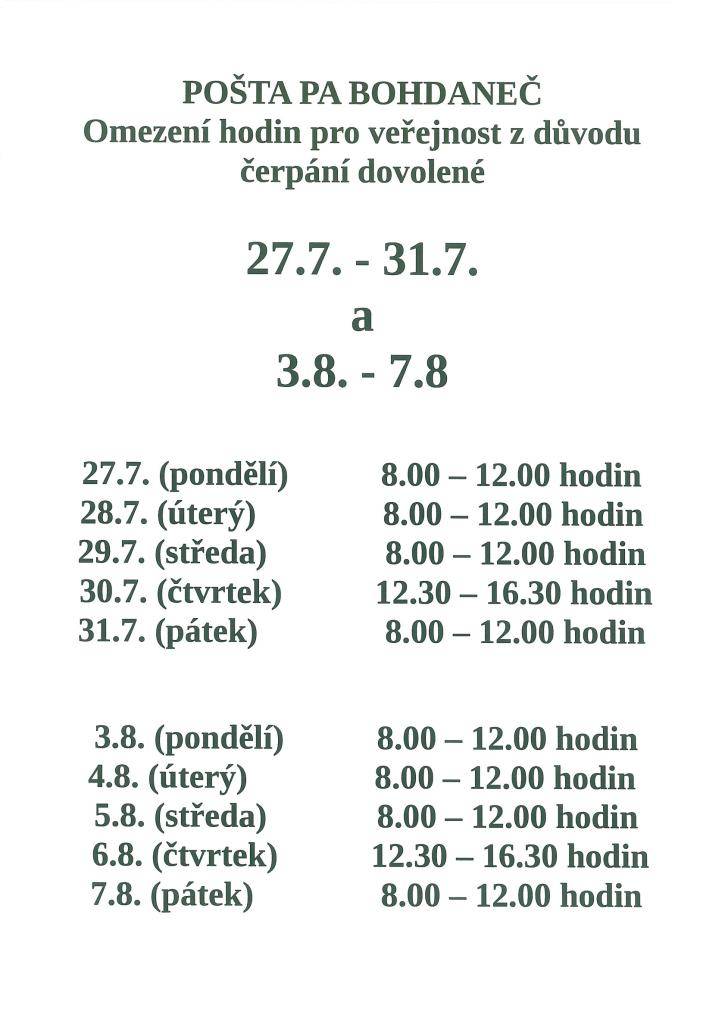 Změna provozní doby  o 27.7.2026 do 7.8.2026