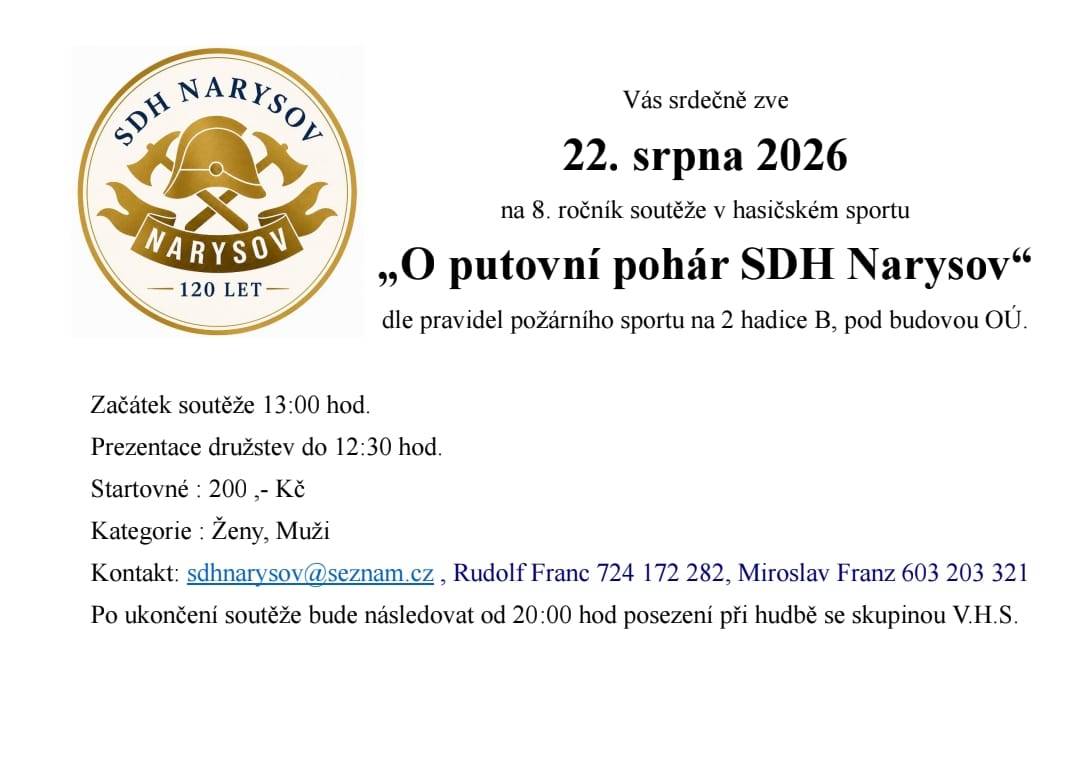 Zveme vás na 8. ročník soutěže v hasičském sportu, který se uskuteční 22. srpna 2026 pod budovou OÚ.