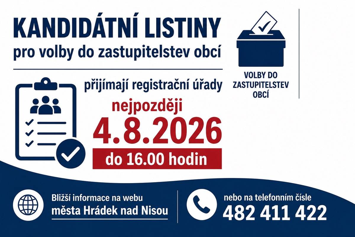 Kandidátní listiny pro volby do zastupitelstev obcí přijímají registrační úřady nejpozději do 4.8.2026 do 16:00.