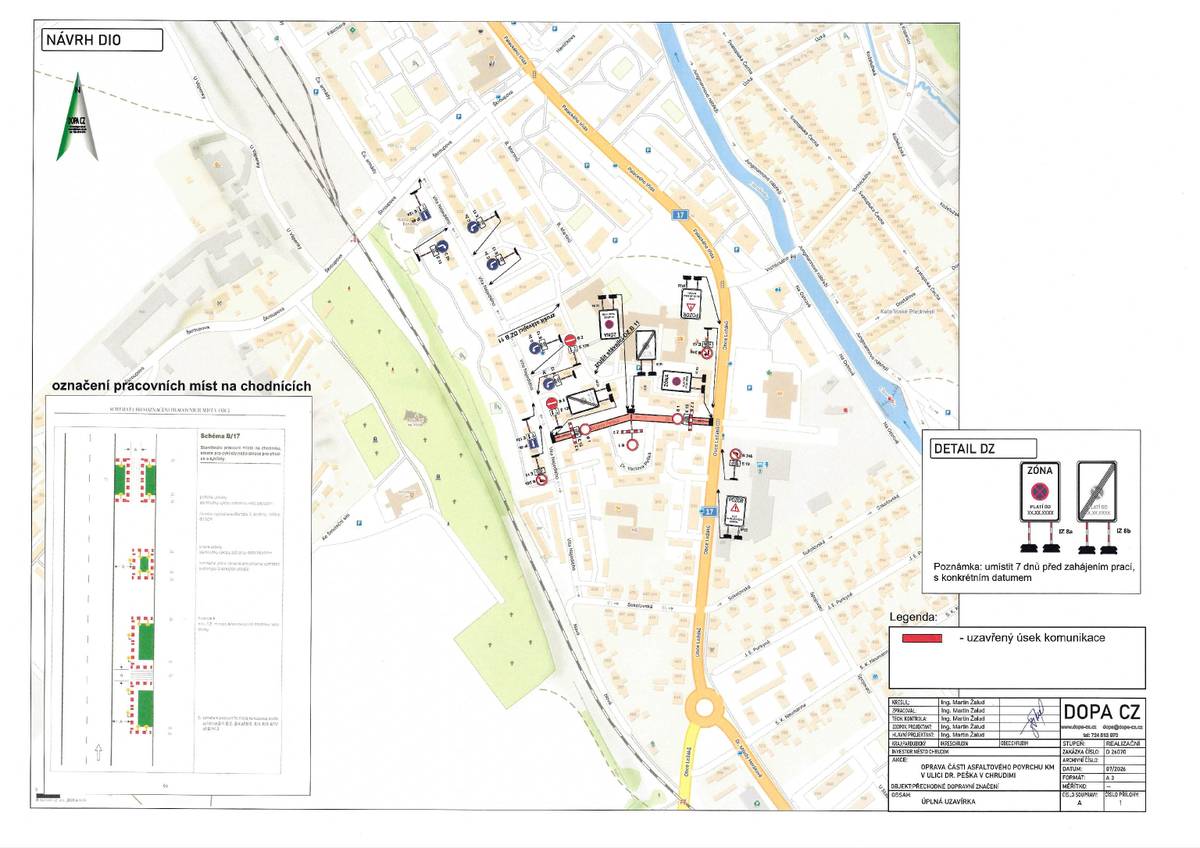 Vážení obyvatelé,   od pondělí 27. července do pondělí 31. srpna 2026 bude z důvodu opravy povrchu komunikace zcela uzavřena část ulice Dr. Václava Peška. Uzavírka se bude týkat přibližně 173 metrů dlouhého úseku:  od křižovatky se silnicí I/17 v ulici Obce Ležáků, po křižovatku s ulicí Víta Nejedlého.  Objízdná trasa není stanovena. Řidiči proto musí využít okolní komunikace a řídit se aktuálním dopravním značením. Po celou dobu prací bude zajištěn bezpečný průchod pro pěší a přístup k sousedním nemovitostem. Průjezd vozidel integrovaného záchranného systému uzavřeným úsekem nebude možný. Prosíme všechny účastníky silničního provozu o respektování přechodného dopravního značení a zvýšenou opatrnost v okolí stavby. Děkujeme za pochopení.