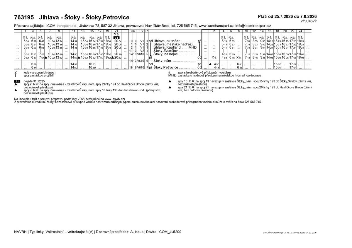 Výlukový jízdní řád autobusové linky 763195 Jihlava-Štoky-Petrovice: dočasná uzavírka autobusové zastávky ZVONĚJOV. Dle aktuálních informací z oddělení dopravní obslužnosti odboru dopravy a silničního hospodářství KÚ KV bude autobusová zastávka ve Zvonějově zavřená i v další etapě uzavírky sil. I/38, která má trvat až do 7.8.2026
