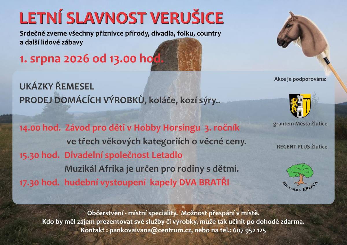 Letní slavnost ve Verušicích oslovuje všechny příznivce přírody, divadla a folkové hudby. Přijďte si užít den plný zábavy a skvělých vystoupení.