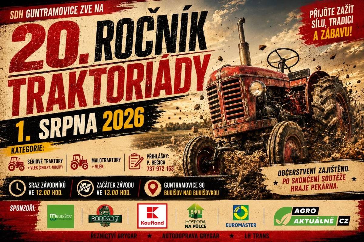 Závody traktorů se konají 1. srpna 2026 v Guntramovicích. Sraz závodníků je ve 12:00 a závod začne v 13:00. Přijďte si užít skvělou atmosféru a podívat se na zajímavé soutěže.