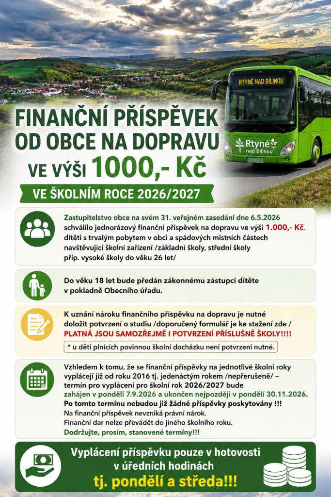 termín pro vyplácení pro školní rok 2026/2027  bude  zahájen v pondělí 7.9.2026 a ukončen  nejpozději v pondělí 30.11.2026. Po tomto termínu nebudou již žádné příspěvky poskytovány !!!