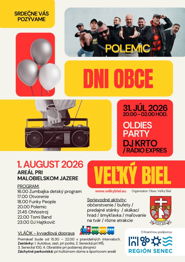 Obec Veľký Biel Vás srdečne pozýva na Dni obce Veľký Biel 2026, ktoré sa uskutočnia 31.7.-1.8.2026, čaká Vás bohatý program a sprievodné aktivity.