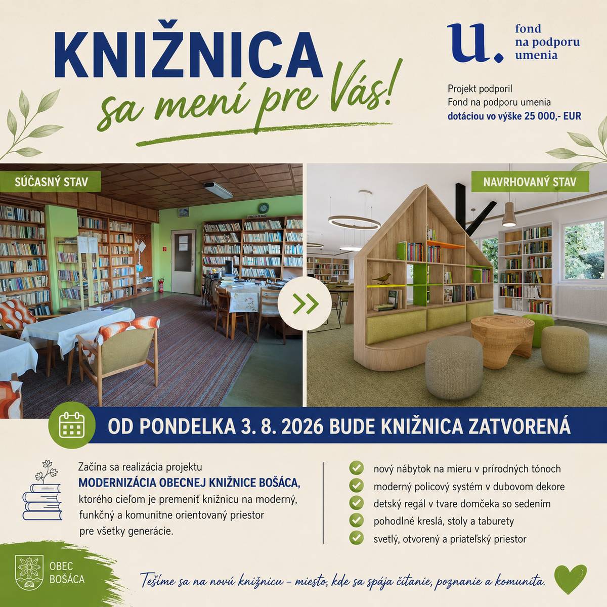 Vážení čitatelia, oznamujeme Vám, že od pondelka 3. augusta 2026 bude Obecná knižnica Bošáca dočasne zatvorená z dôvodu realizácie projektu „Modernizácia Obecnej knižnice Bošáca“. Veľmi nás teší, že sa tento projekt začne realizovať vďaka podpore Fondu na podporu umenia, ktorý Obci Bošáca poskytol dotáciu vo výške 25 000 EUR. Táto podpora umožní vytvoriť modernú knižnicu, ktorá bude slúžiť všetkým generáciám a stane sa prirodzeným centrom spoločenského a kultúrneho života v našej obci. Ďakujeme za Vašu trpezlivosť a pochopenie počas realizácie prác. Veríme, že výsledok bude stáť za to a čoskoro Vás privítame v novej, modernej knižnici.