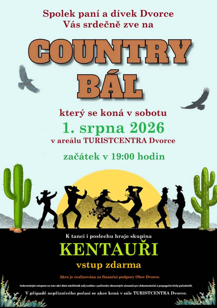 Spolek paní a dívek Vás zve na tradiční Country bál.  Podrobnosti naleznete na plakátu.