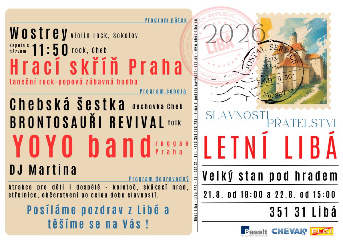 Letní slavnost přátelství pod hradem v Libé dne 21-22.08.2026 ve velkokapacitním stanu.