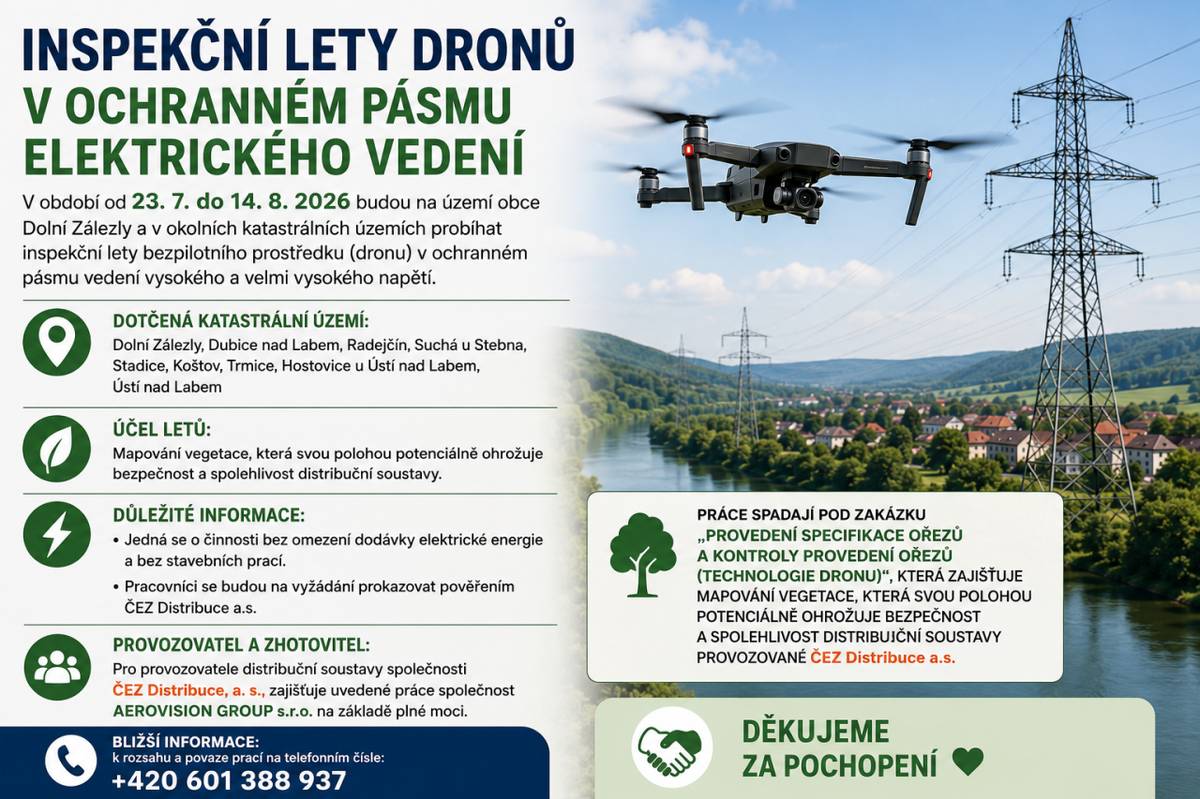 Od 23. července do 14. srpna 2026 budou na území obce Dolní Zálezly a v okolních katastrálních územích probíhat inspekční lety dronů v ochranném pásmu vedení vysokého a velmi vysokého napětí.