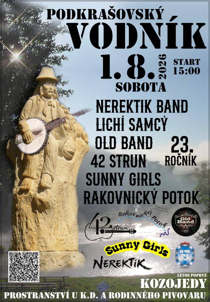V sobotu 1. srpna 2026 ožijí Kozojedy hudbou, pohodovou atmosférou a setkáním přátel. Poprvé se zde uskuteční hudební festival Podkrašovský vodník, který navazuje na dlouholetou tradici oblíbených letních hudebních setkání u Podkrašovského mlýna.