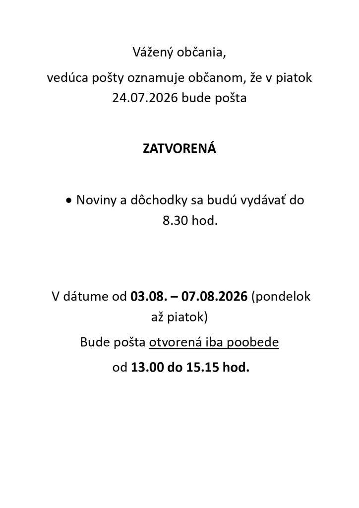 Pošta Brvnište - zmena otváracích hodí