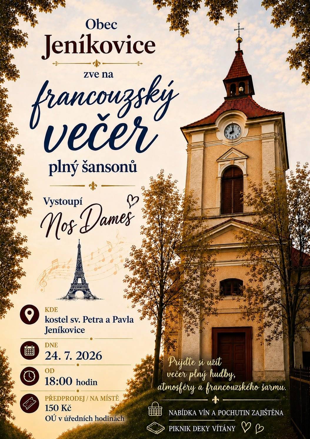 Připomínáme, že v pátek 24.7.2026 proběhne v kostele francouzský večer s šansony. Vstupenky si můžete zakoupit na místě.