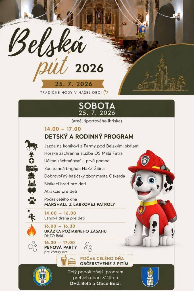 Už túto sobotu 25.7.2026 od 14.00 hod. sa môžete tešiť na popoludnie plné zábavy – jazdu na koníkovi, skákací hrad, atrakcie pre deti, lanovú dráhu, penovú párty, ukážku požiarneho zásahu a množstvo ďalších aktivít. Chýbať nebude ani obľúbený Marshall z Labkovej patroly.