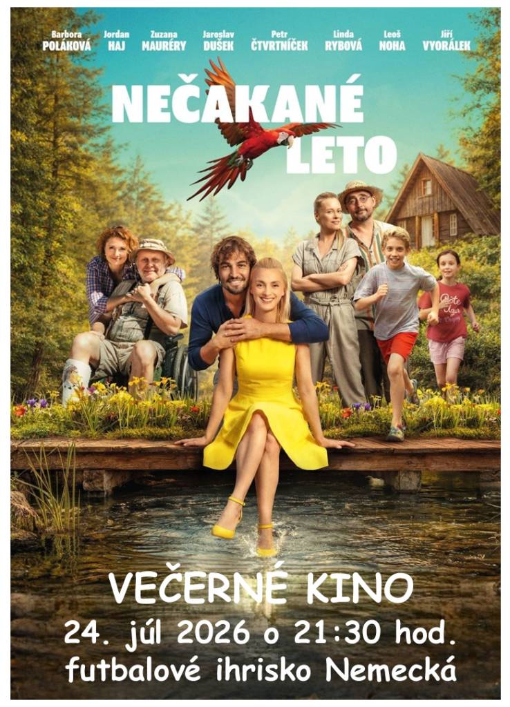 V rámci Dni obce Nemecká 2026 sa dňa 24. júla 2026, t.j. piatok odohrá večerné kino na futbalovom ihrisku v Nemeckej o 21:30 hod. Premietať sa bude rodinná komédia s názvom Nečakané leto. Všetci sú srdečne vítaní.