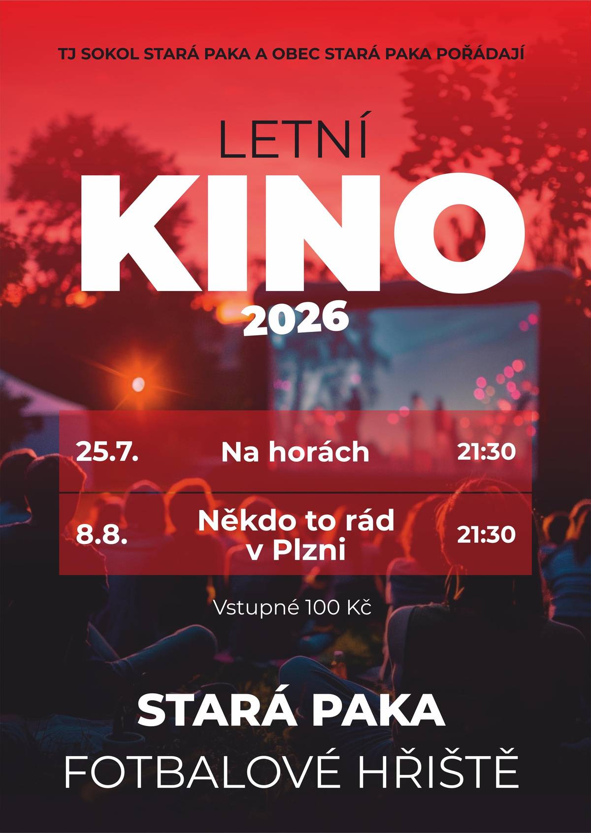 Zveme Vás na fotbalové hřiště do letního kina na českou komedii "Na horách" - sobota 25.7.2026 od 21:30 hod., vstup 100 Kč, občerstvení zajištěno.