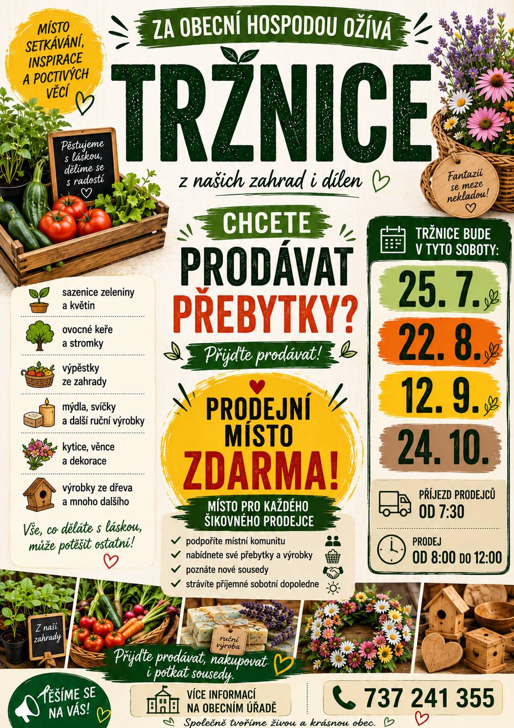 Přijďte dne 📅25.7.2026 od 8:00 do 12:00 ⏰ na Zahradu U Kremlů 🌳 prodat své přebytky ze zahrady 🍆🥒a rukodělné výrobky 🧼nebo nakoupit od sousedů🍅! 🍃Podpoříte místní komunitu 💚 🍃Nabídnete své přebytky 🥬 🍃Nakoupíte lokální výpěstky a výrobky 🥦 🍃Strávíte příjemné sobotní dopoledne 😀   💚Těšíme se na Vás💚