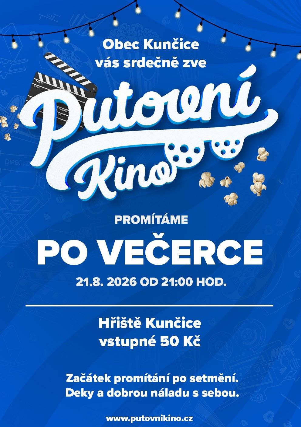 Obec Kunčice Vás zve na letní kino - pátek 21.8.2026 na fotbalovém hřišti. Promítáme český film PO VEČERCE.