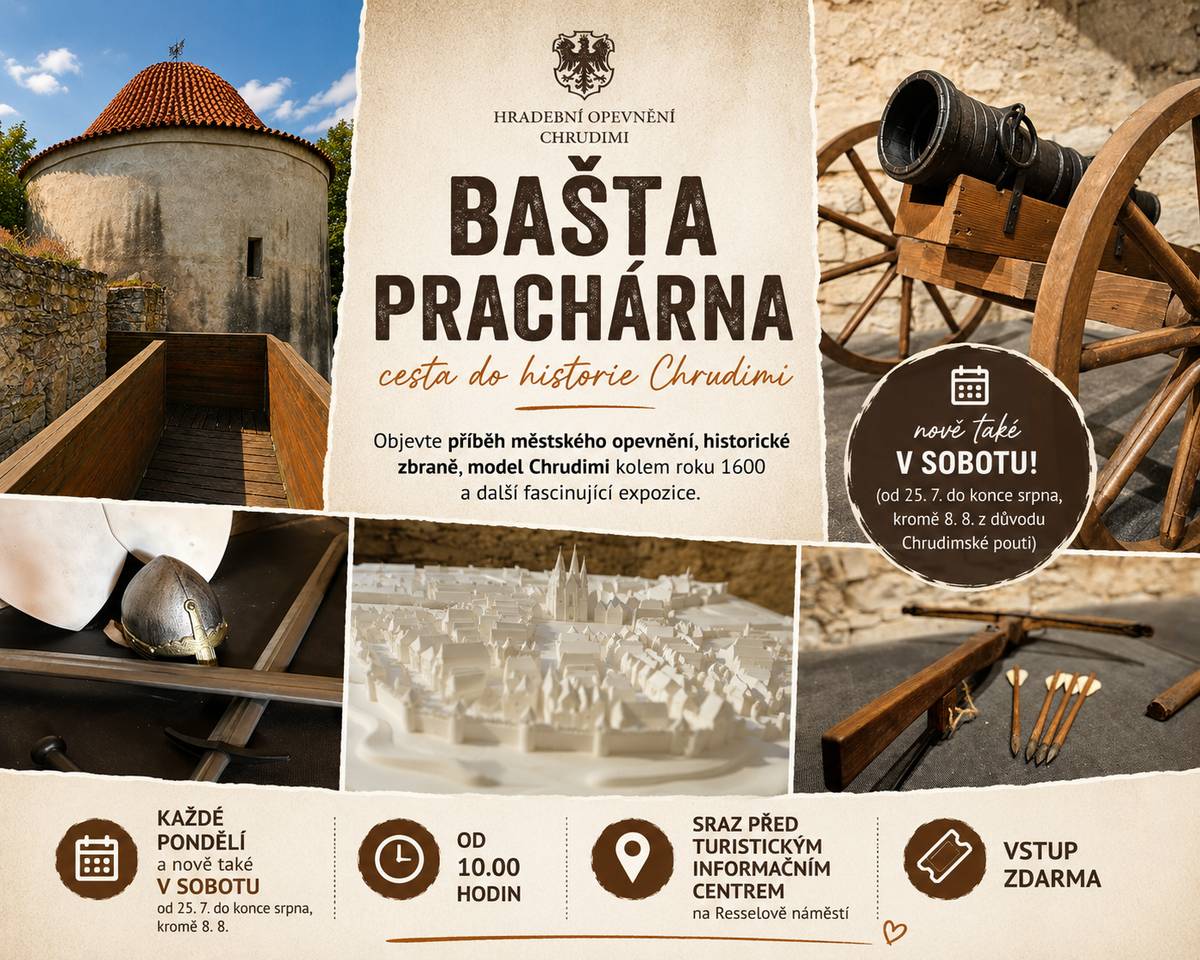 Bašta Prachárna o prázdninách nabídne bezplatné komentované prohlídky, během kterých poznáte příběh městského opevnění, prohlédnete si repliky historických zbraní, 3D model Chrudimi z období kolem roku 1600 a zažijete jedinečnou audiovizuální projekci promítanou přímo do kupole bašty. Prohlídky se konají každé pondělí a nově také v sobotu (od 25. července do konce srpna), vždy od 10.00 hodin. ❗ Výjimkou je sobota 8. srpna, kdy se z důvodu konání Chrudimské pouti prohlídka nekoná. 📍 Sraz je vždy před Turistickým informačním centrem na Resselově náměstí. 🎟️ Vstup je zdarma. Více informací, fotografie a další podrobnosti najdete na webu města: www.chrudim.eu – Bašta Prachárna zve na komentované prohlídky