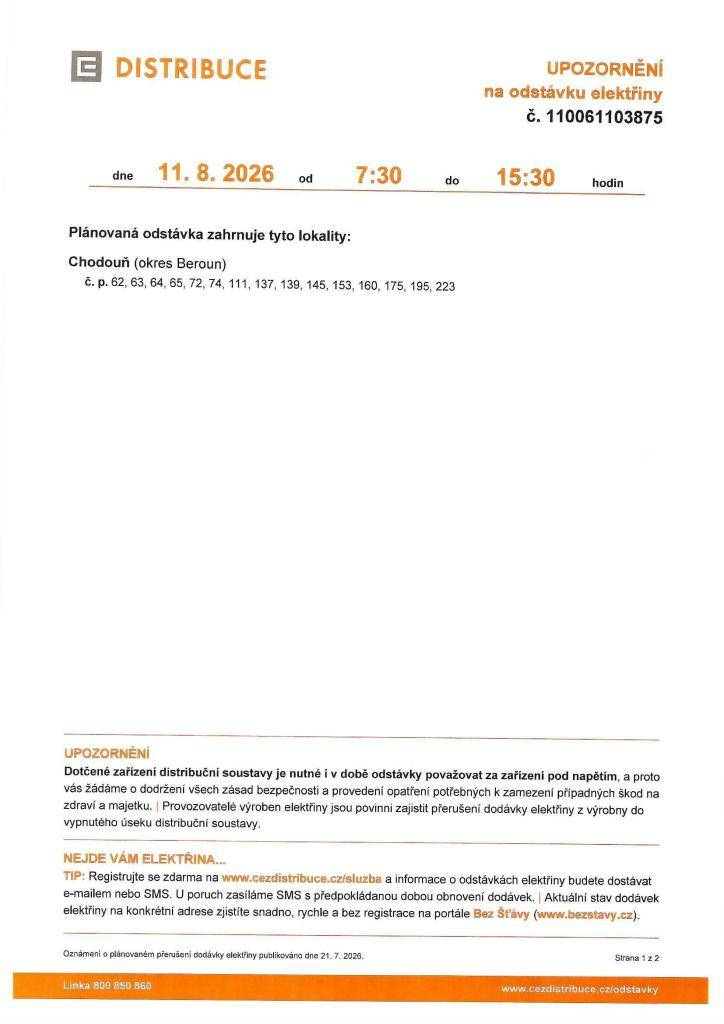 ČEZ Distribuce - odstávka elektřiny