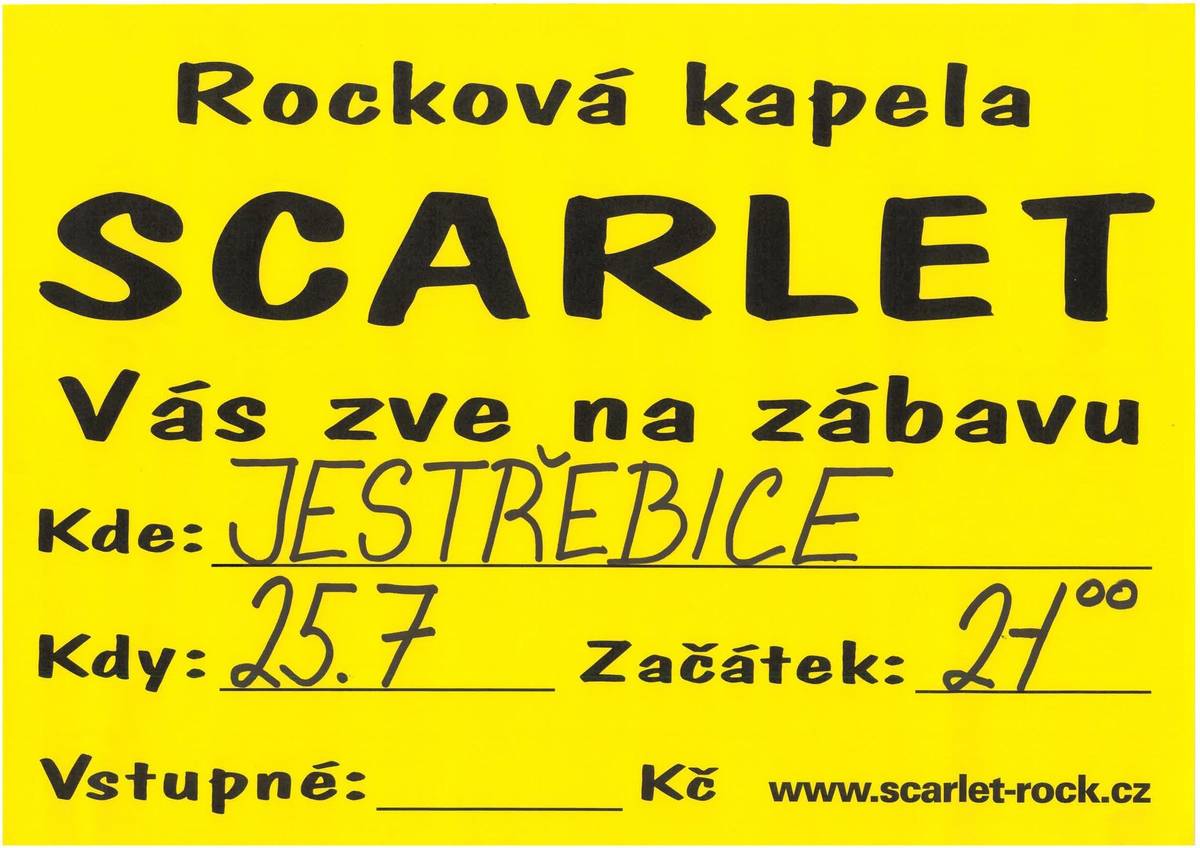 V sobotu 25.7.2026 od 21:00, k tanci a poslechu hraje SCARLET.