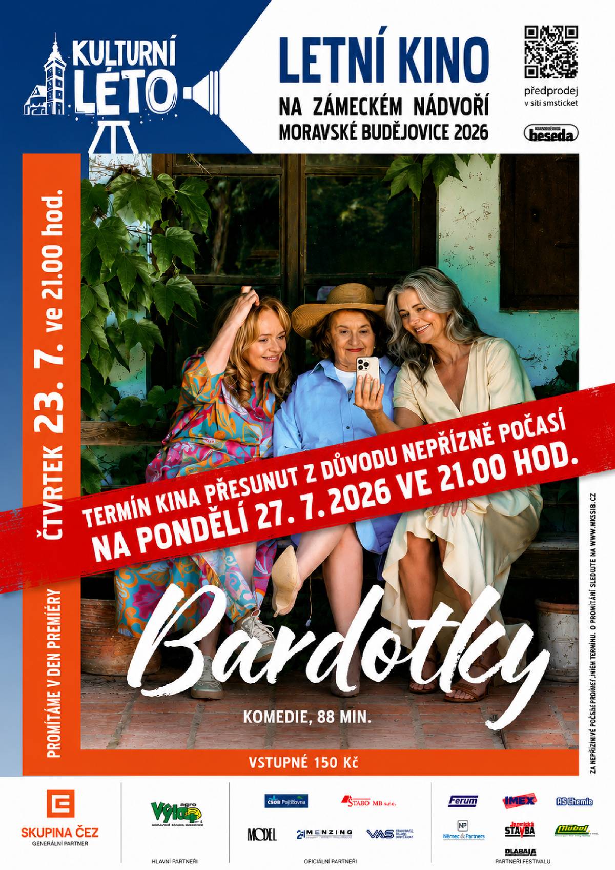 🌧️ ZMĚNA TERMÍNU LETNÍHO KINA Z důvodu nepříznivé předpovědi počasí přesouváme dnešní promítání filmu Bardotky. 📅 Nový termín: pondělí 27. 7. 2026 🕘 Začátek: 21:00 hodin 📍 Zámecké nádvoří Moravské Budějovice Děkujeme za pochopení a těšíme se na vás v náhradním termínu! 🎬🍿