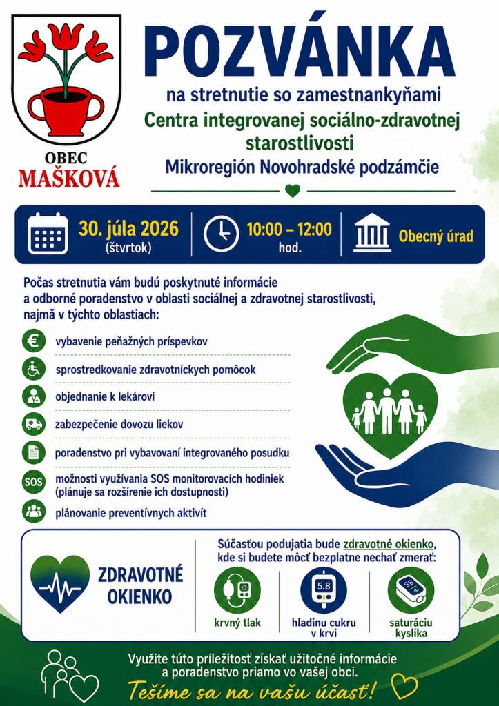 Dňa 30. júla 2026 sa uskutoční stretnutie so zamestnankyňami Centra integrovanej sociálno-zdravotnej starostlivosti v Haliči, kde získate odborné poradenstvo v oblastiach zdravotnej a sociálnej starostlivosti.