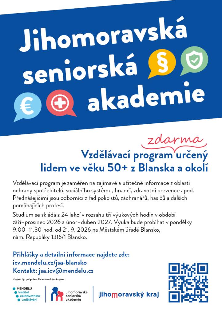 Teď je ten nejlepší čas se přihlásit do Jihomoravské seniorské akademie. Podrobnosti naleznete na letáku.