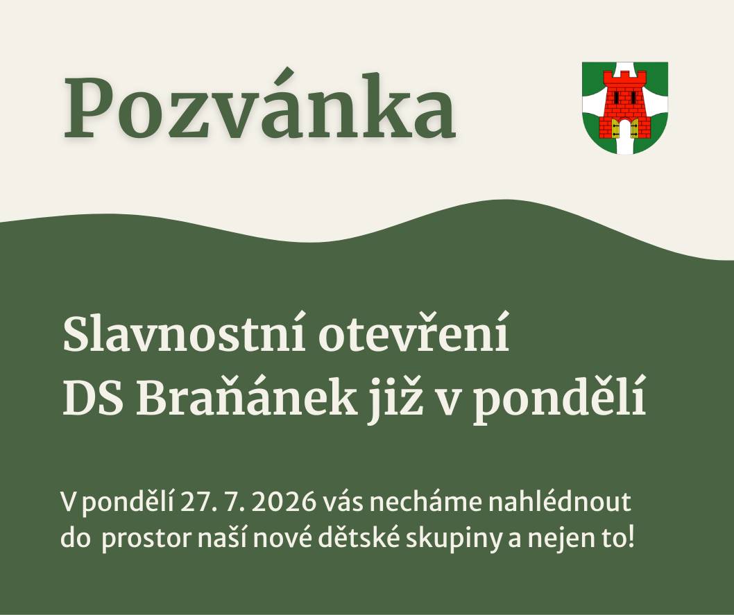 Rádi bychom vám připomněli, že se nezadržitelně blíží termín Dne otevřených dveří v naší nové Dětské skupině Braňánek. Své brány pro veřejnost otevřeme již v pondělí 27. července 2026 od 15:00 hodin.