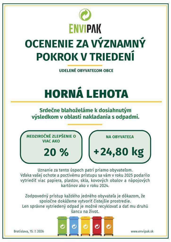 Analýza dát za obdobie rokov 2024 a 2025 ukázala, že  obyvatelia našej obce dosiahli zlepšenie triedenia odpadov o viac ako 20 % na obyvateľa, čo je v podmienkach slovenských samospráv skutočne mimoriadny úspech.