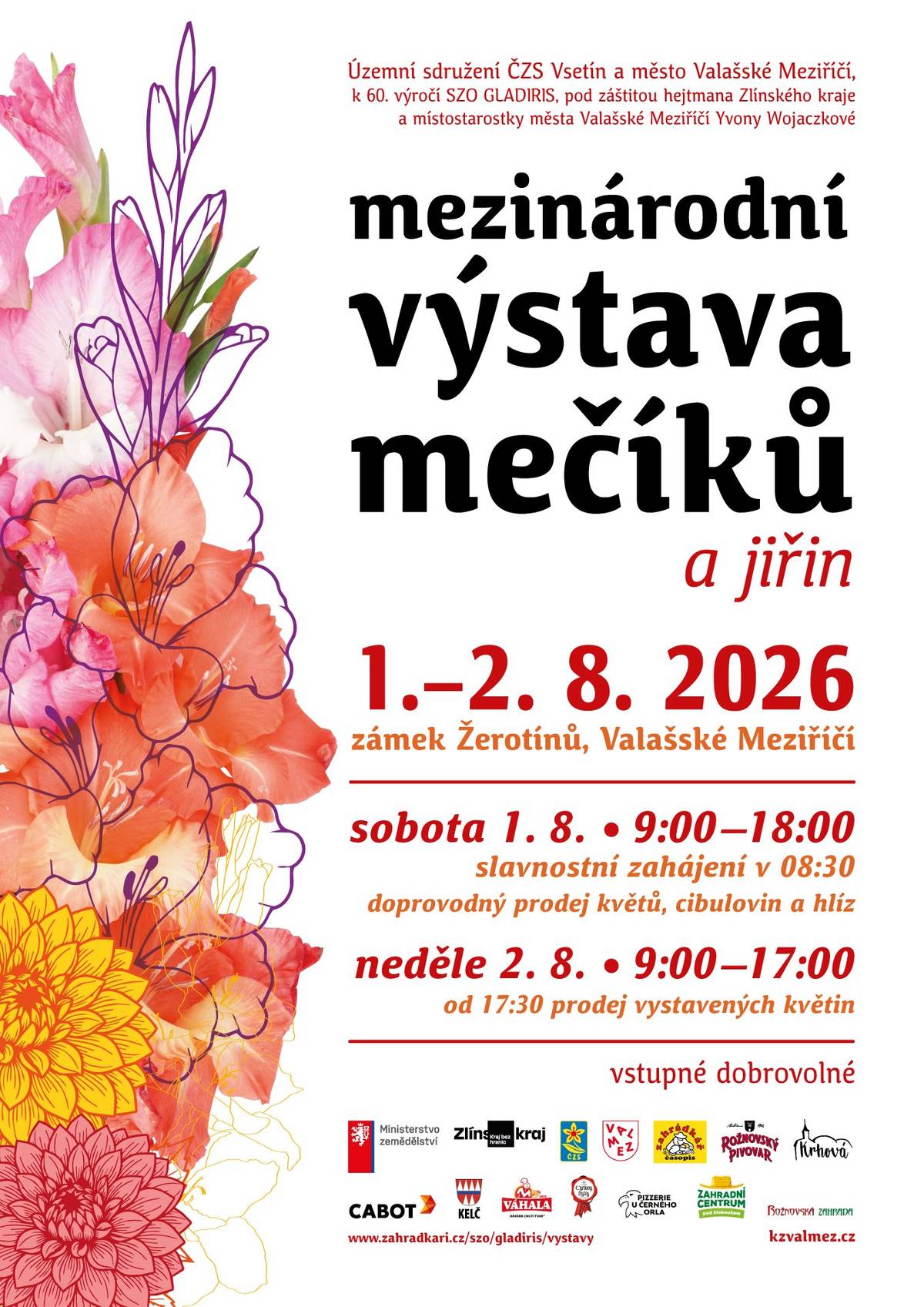 Zámek Žerotínů ve Valašském Meziříčí začátkem srpna opět promění v místo plné barev a krásy květin. O víkendu 1. a 2. srpna se zde uskuteční mezinárodní výstava mečíků a jiřin. Návštěvníci se mohou těšit na bohatou přehlídku stovek květů mečíků v široké škále barev, odstínů i tvarů květů. Výstavu tradičně doplní také pestrá kolekce jiřin od předních českých pěstitelů. Výstava bude otevřena v sobotu od 9:00 do 18:00 a v neděli od 9:00 do 17:00. Součástí výstavy bude bude i prodej vybraných květinových hlíz, cibulek i klasů mečíků od předních  pěstitelů. Organizátorem výstavy je Územní sdružení ČZS Vsetín ve spolupráci s pěstiteli SZO Gladiris, městem Valašské Meziříčí. Výstava se bude konat pod záštitou hejtmana Zlínského kraje Ing. Radima Holiše a místostarostky Valašského Meziříčí PaedDr. Yvony Wojaczkové. Srdečně zvou pořadatelé