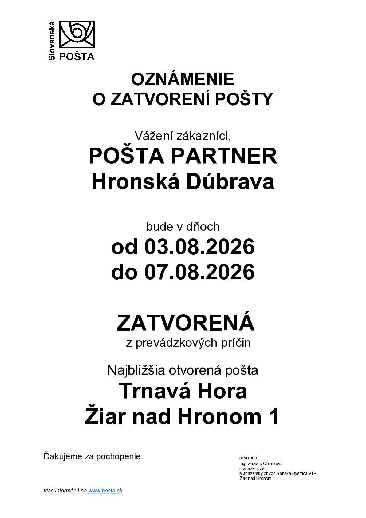 Pošta Partner v Hronskej Dúbrave bude v dňoch od 03.08.2026 do 07.08.2026 ZATVORENÁ