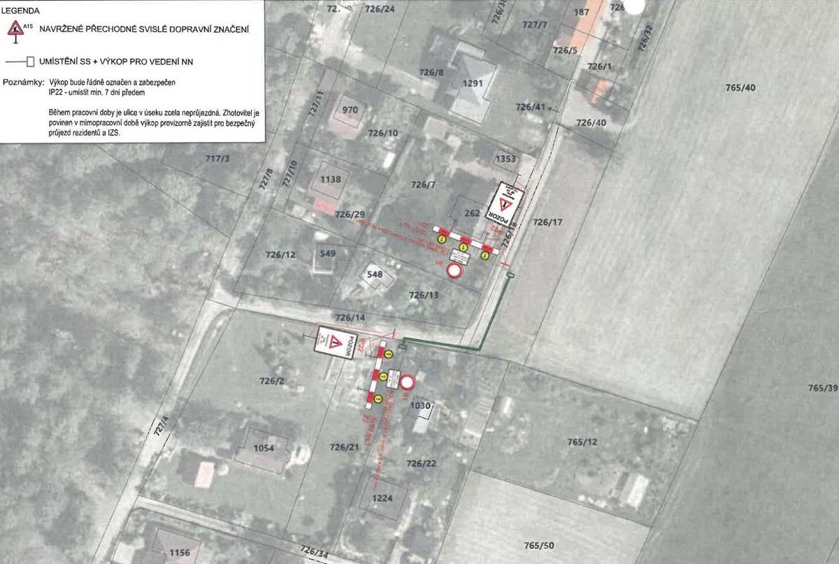 Z důvodu provádění výkopových prací bude dne 12. 8. 2026 probíhat úplná uzavírka veřejně přístupné účelové komunikace, p.č. 726/14, k. ú. Skalice u F-M. Stanovení trasy objížďky:  není stanovena