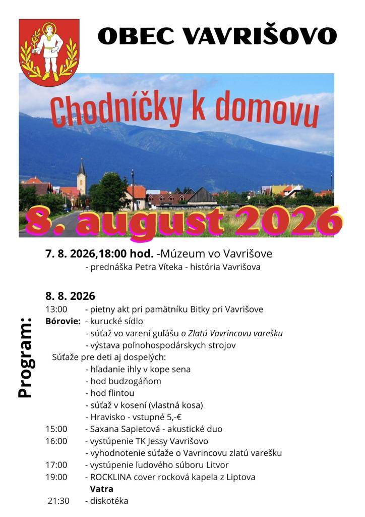 Srdečne Vás pozývame na oslavu našich koreňov, histórie a kultúry v dňoch 7. – 8. augusta 2026.