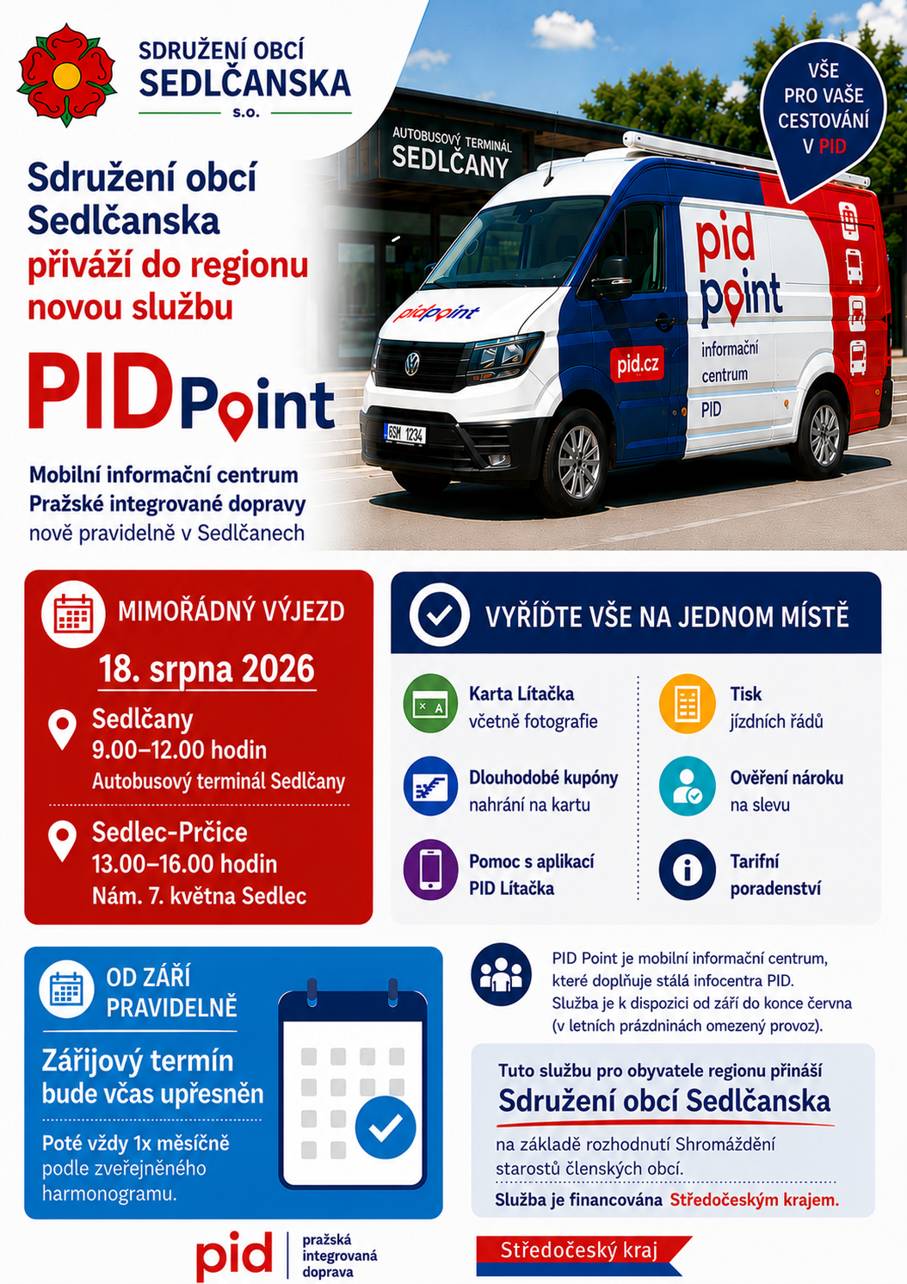 „Lítačka“ včetně pořízení fotografie, lze nahrát dlouhodobé časové kupóny, ověřit nárok na slevu, získat pomoc s aplikací PID Lítačka a další služby. Od září bude následovat pravidelný provoz. První pravidelná zastávka se uskuteční pravděpodobně 1. září 2026 (bude upřesněno včetně času). Poté bude PID Point přijíždět do Sedlčan vždy jednou měsíčně podle zveřejněného harmonogramu na FB sdružení a www.sedlcansko.cz